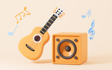 Cartoon guitar and loudspeaker in the yellow background, 3d rendering. © 婷婷 季