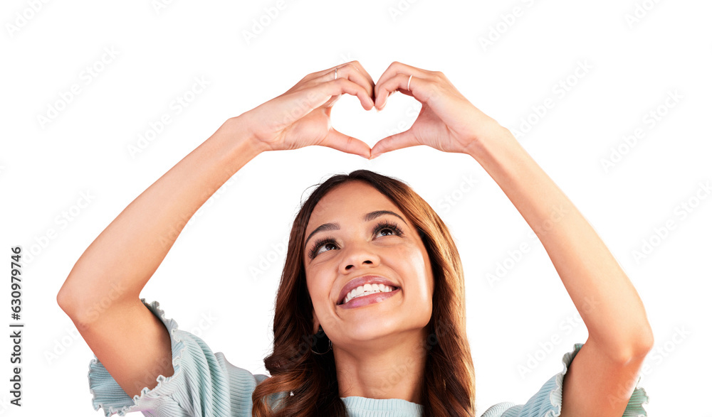 Sticker Happy, face and heart with hands of woman for care, kindness or charity donation isolated on transparent png background. Female model smile with finger, love sign and icon of like, emoji or thank you