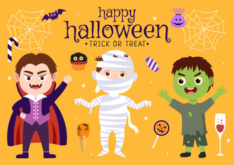 Set Halloween Elements Vector Illustration with Various Kinds of Things like Ghosts, Pumpkins, Skulls, Candies and More Cartoon Background Templates