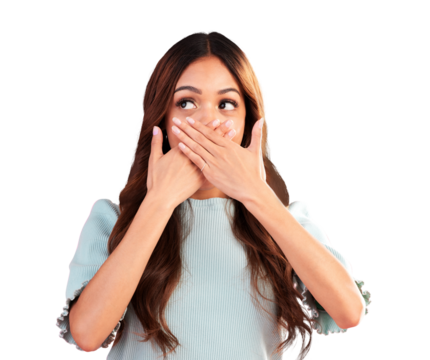 Quiet, surprise or woman shocked by a secret story isolated on transparent on png background. Wow, wtf or embarrassed person covering mouth with hands thinking of gossip, omg expression or fake news