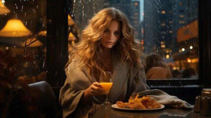 woman autumn rain outside the window