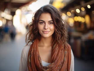 Obraz premium Arab city market, a striking and attractive young woman of Middle Eastern origin confidently strikes a pose, while the bustling crowd of people behind her forms a pleasant, blurred backdrop