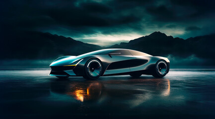 Obraz na płótnie Canvas A futuristic concept car in dark blue and green colors. Generative AI