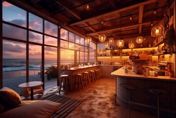 a coffee shop with a beautiful view of the sunset on the beach. generative ai