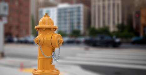 Fire hydrant yellow color in the city center, Fire fighting equipment closeup