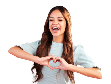 Laughing, happy and heart with hands of woman for care, kindness and charity donation isolated on transparent png background. Female model with finger, shape and icon of love, emoji or funny flirting