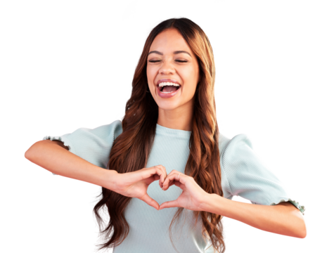 Laughing, happy and heart with hands of woman for care, kindness and charity donation isolated on transparent png background. Female model with finger, shape and icon of love, emoji or funny flirting