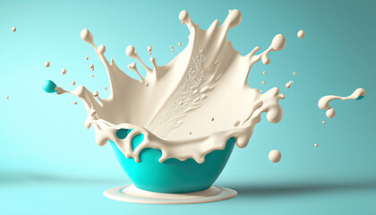 3d milk splashing effect with blue background 