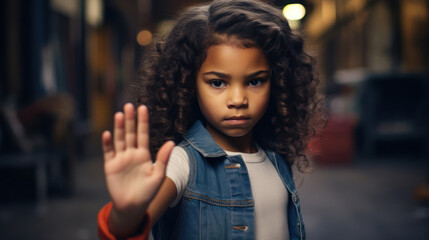  Girl showing stop gesture Prohibition symbol. - obrazy, fototapety, plakaty