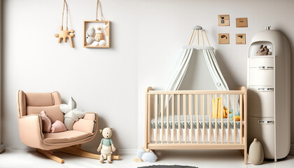 Scandinavian style cozy nursery background with mock up of a wall 90513