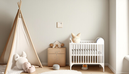 Fototapeta na wymiar Scandinavian style cozy nursery background with mock up of a wall 90513