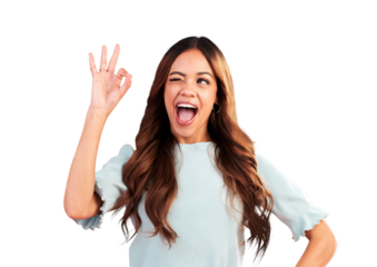 Okay, wink and sign with portrait of woman on png for like, support and motivation. Yes, emoji and agreement with face of person isolated on transparent background for wow, excited and opinion