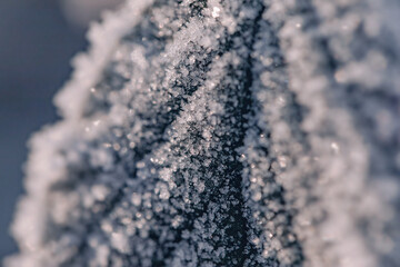 Macro close up on ice crystals on a frozen leaf