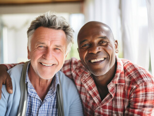 Black and white elderly male couple, generative ai