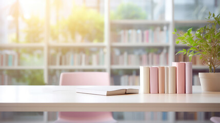Desk with books on the background of office, school, library in pastel light colors 