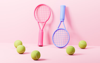 Cartoon tennis and tennis racquet, 3d rendering.