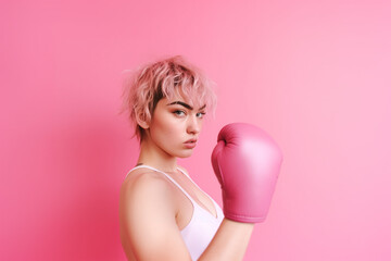 Woman with pink short hair wearing pink boxing gloves in support of breast cancer awareness. Created with Generative AI technology - obrazy, fototapety, plakaty