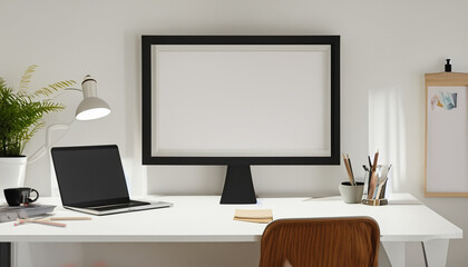 A creative workspace featuring a desktop computer and a white work table with an empty poster frame