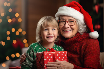 Fototapeta na wymiar granny and child holding a present. Generative Ai