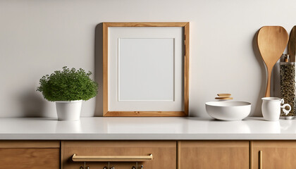 Mockup of a white counter table in a kitchen setting with a wooden spoon, a houseplant, and a white wooden picture frame