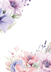 Floral watercolor wedding invitation template. White pink and purple leave and flower background. Greeting card.