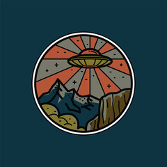 Badge nature wildlife and ufo for adventure graphic illustration vector art t-shirt design