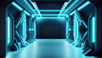 Sci Fi Futuristic Alien Spaceship Podium Tunnel Corridor Room Stage Glowing Laser blue Lights Wall Floor Cables And Devices Empty Space Showcase Garage 3D Rendering