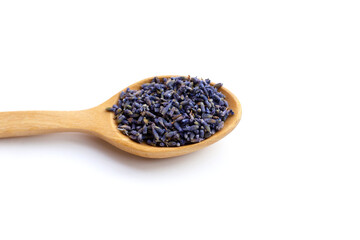 Dried lavender flowers on white background.
