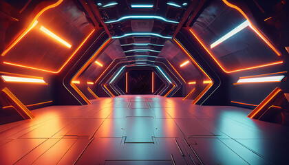 Sci Fi Futuristic Alien Spaceship Podium Tunnel Corridor Room Stage Glowing Laser orange Lights Wall Floor Cables And Devices Empty Space Showcase Garage 3D Rendering