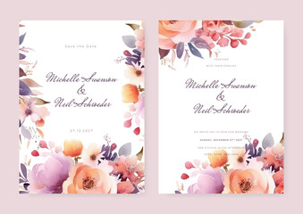 Pink wedding invitation template with leaves, glitter, frame, and border. Floral decoration vector for save the date, greeting, thank you, rsvp, etc