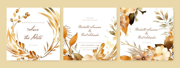 wedding invitation, thank you, details, menu, welcome, boho, minimal template design with watercolor White gold leaf and branch, watercolor invitation, beautiful floral wreath.