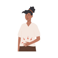 Woman suffering from stomach ache and holding her hands on belly. Young female with abdominal pain. Cramps or discomfort during menstrual period. PMS symptoms. Colored isolated vector illustration.