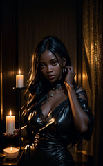 Black woman with candlelight in a vintage room. Portrait of beautiful black woman.