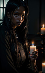 Black woman with candlelight in a vintage room. Portrait of beautiful black woman.