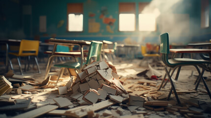 Destroyed kindergarten after an airplane bomb hit. The concept of war