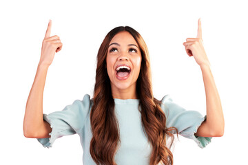 Excited, pointing up or happy woman for a sale, deal or discount isolated on transparent png...