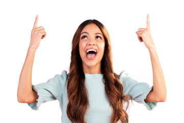 Excited, pointing up or happy woman for a sale, deal or discount isolated on transparent png background. Advertising, smile or person showing product placement, promotion offer or retail announcement