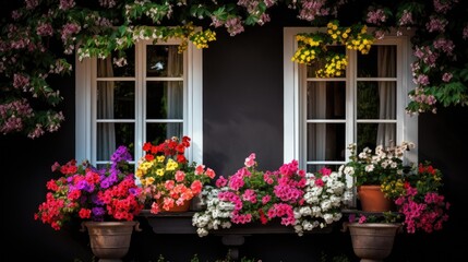 Fototapeta na wymiar Beautiful blooming flowers in window boxes.