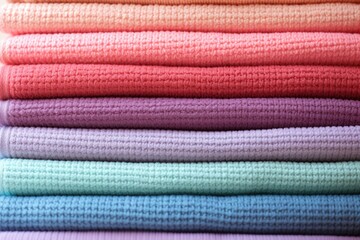 Folded color towels textured, close up.