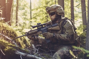 Masked soldier is aiming at the target during the mission. Generative AI