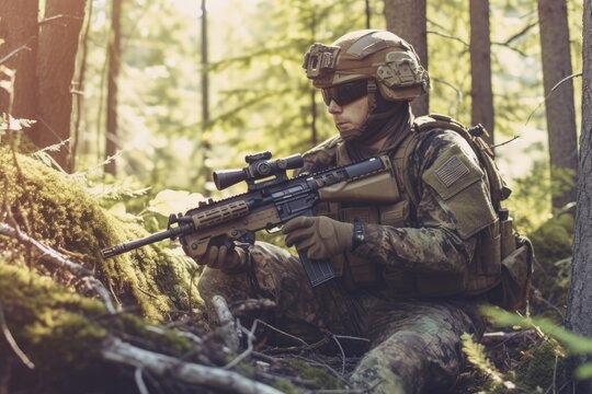 Masked soldier is aiming at the target during the mission. Generative AI