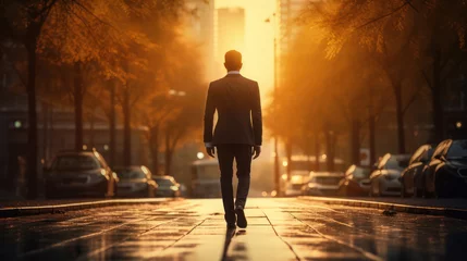 Foto op Canvas Businessman walking along street at sunset  © tashechka