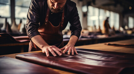 Man working with leather using crafting DIY tools
