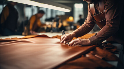 A young apprentice in a boot workshop prepares leather for further use on a large table.