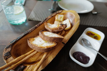 Close up wooden bowl of bread basket