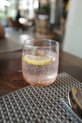 Close up glass of iced Sparkling spring water