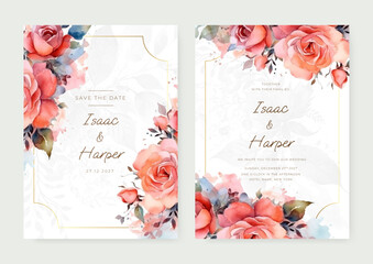 Pink and blue modern wedding invitation card with flora and flower