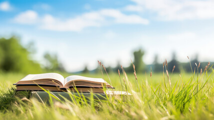 Books on grass and blurry landscape and cloudy blue sky