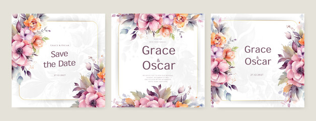 Fototapeta na wymiar Colorful modern wedding invitation card with flora and flower