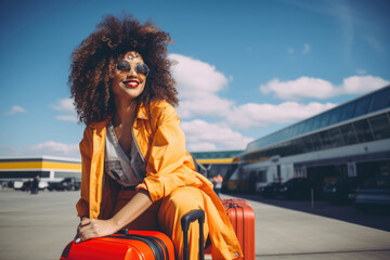 woman traveling by plane, standing in airport lobby holding luggage. AI Generated